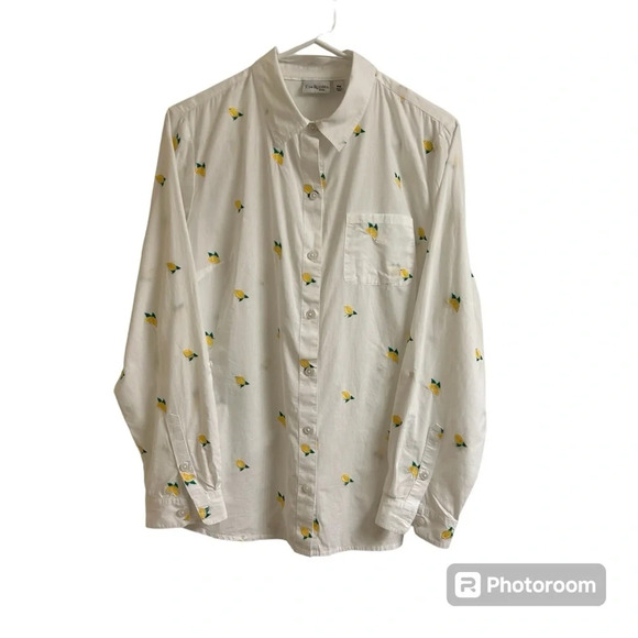 Kim Rogers Womens PM Lemon White Button Up Embroidered Roll Tab Sleeve Shirt Top - Picture 1 of 10